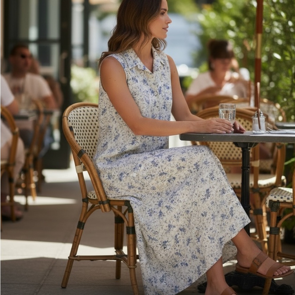 NO EXCESS Sleeveless Floral Maxi Dress - Blue on Cream size xL